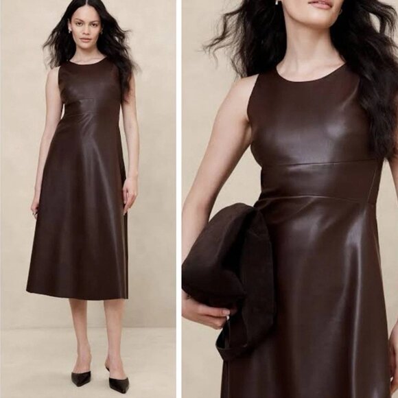Banana Republic Factory Vegan Leather Dress Brown Size 0 Midi Length - Picture 1 of 9